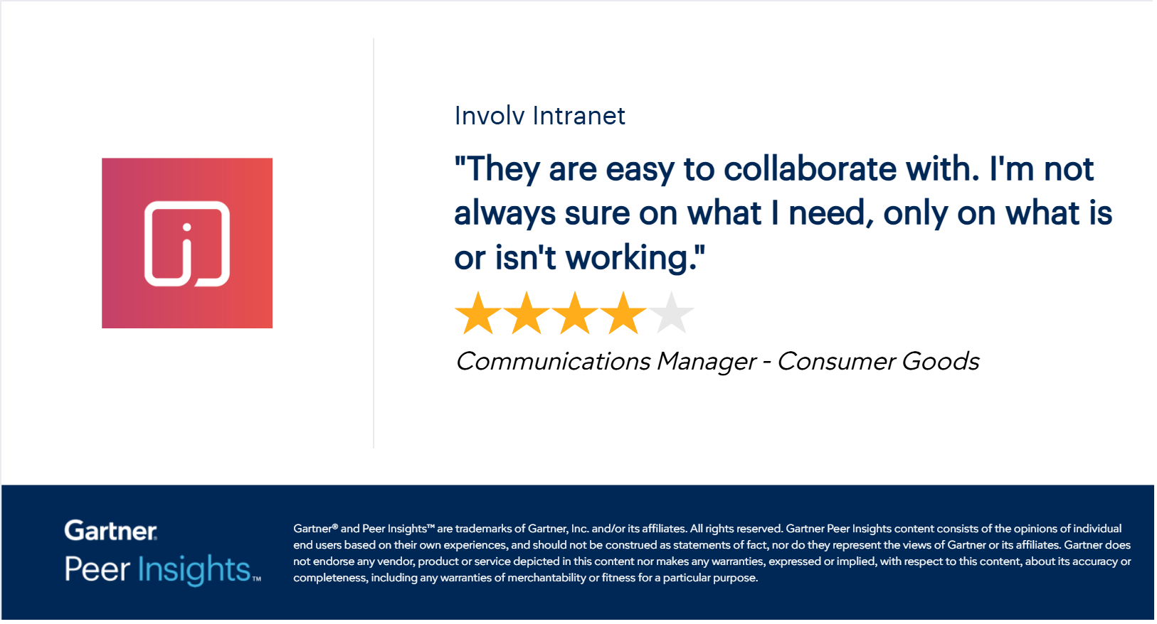 Gartner Peer Insights review van Involv intranet door een Communications Manager