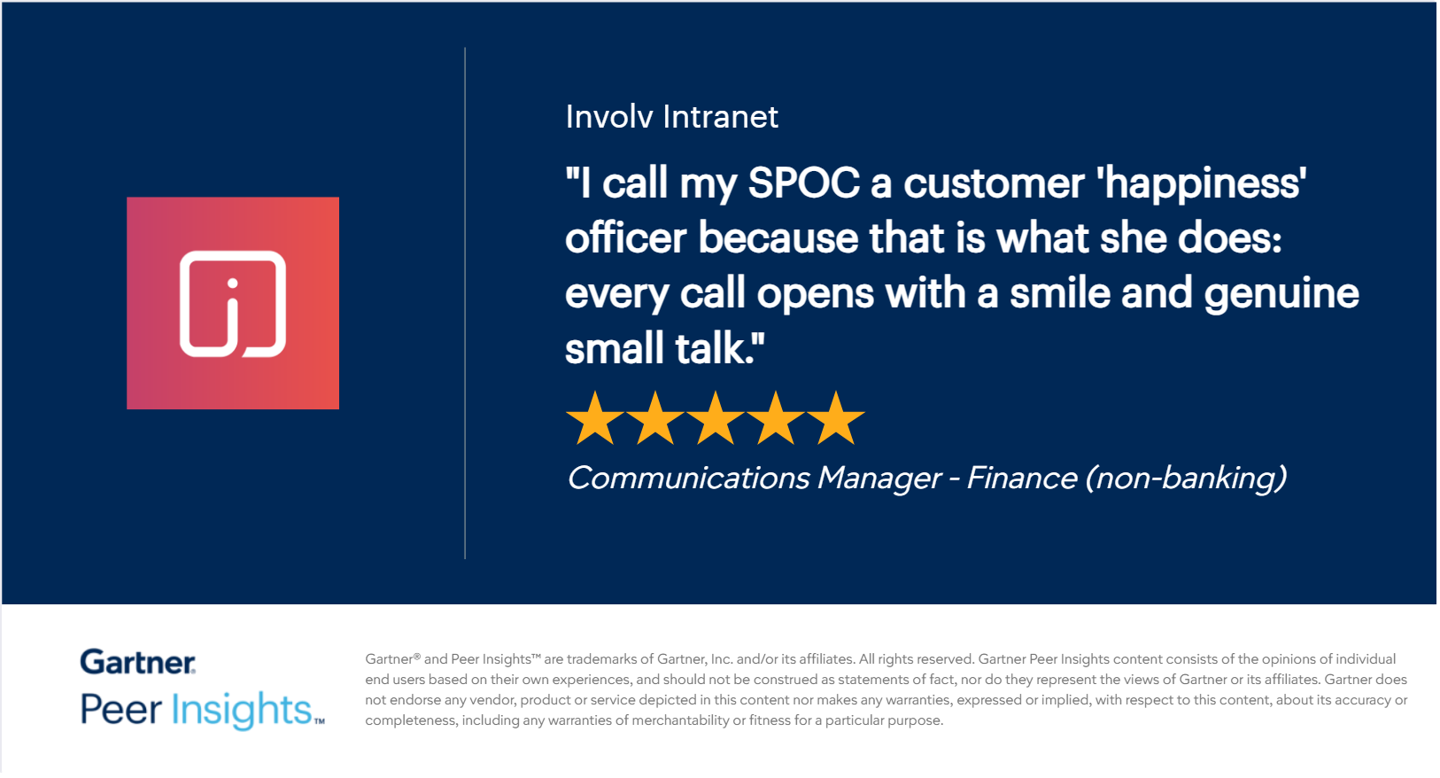 Gartner Peer Insights review van Involv intranet door een Communications Manager