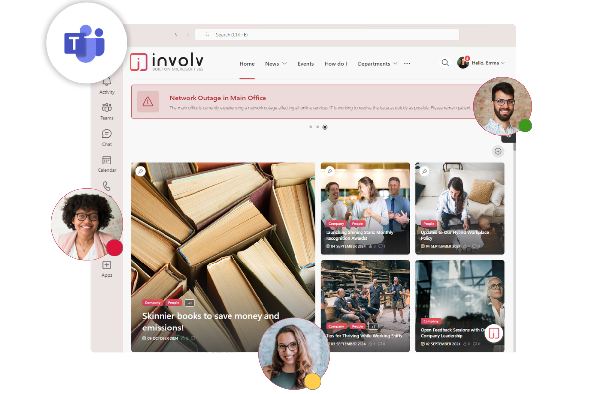 Involv intranet homepage met bedrijfsnieuws, geopend binnen Microsoft Teams