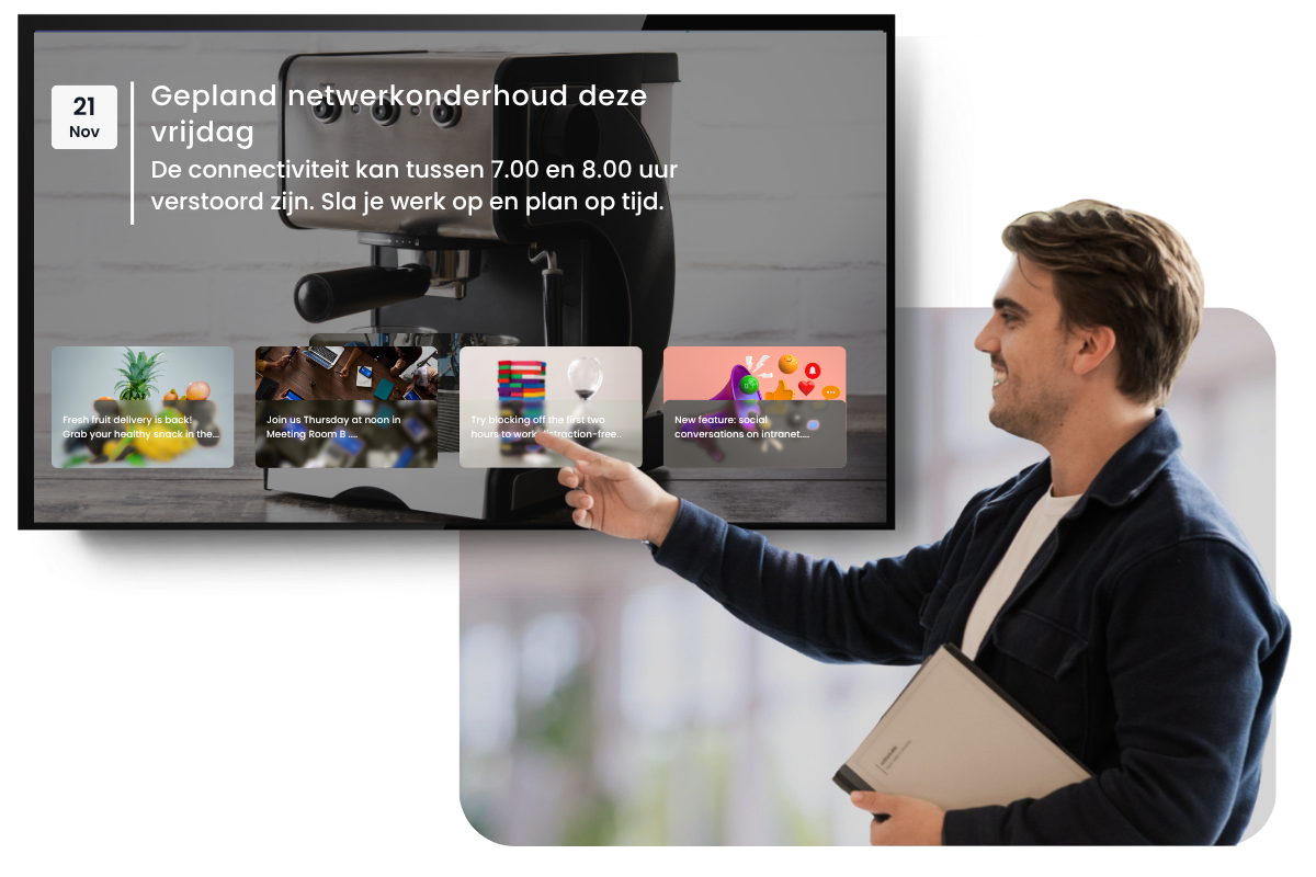 Involv Cast toont intranetnieuws op schermen naast de mobiele app