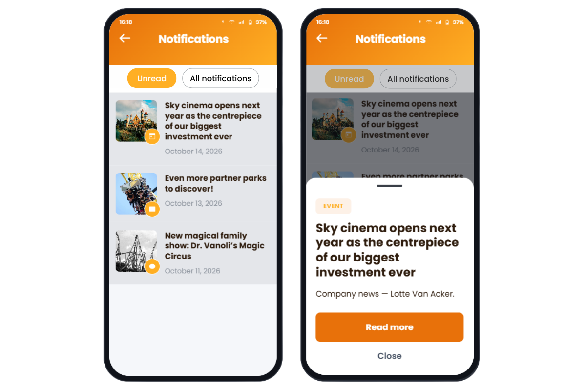 The Involv mobile app on two phones: the notifications list and an open push message