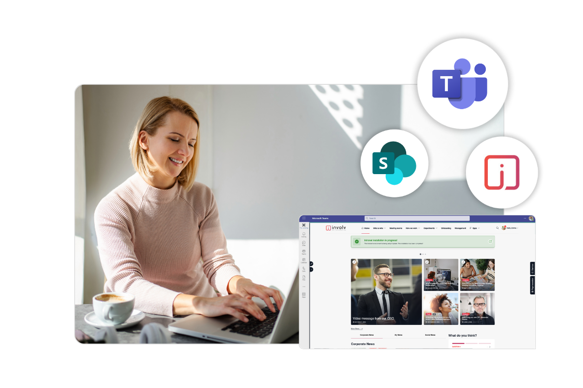 Microsoft Teams, SharePoint en Involv intranet samen, met de Involv-homepage geopend binnen Microsoft Teams