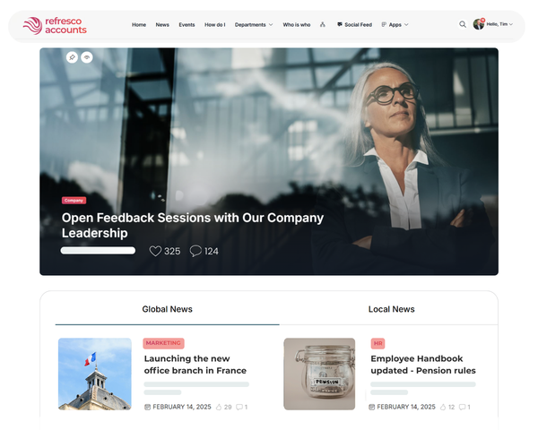 Involv intranet homepage with corporate news hero banner